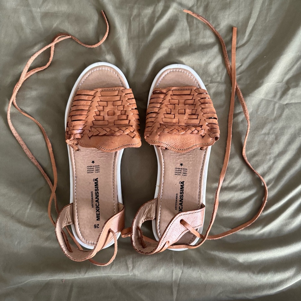 Tan Braided Flat Sandals with Ankle Straps